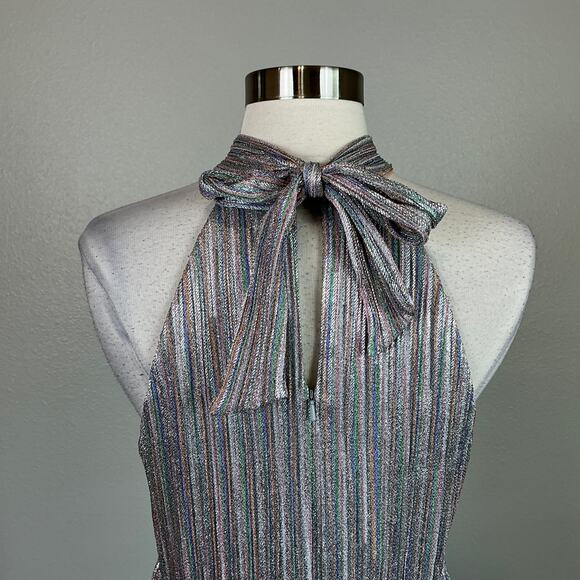 Silver Metallic Halter Evening Gown Size 12 Ruffled A-Line Long Dress by AQUA - Picture 8 of 13